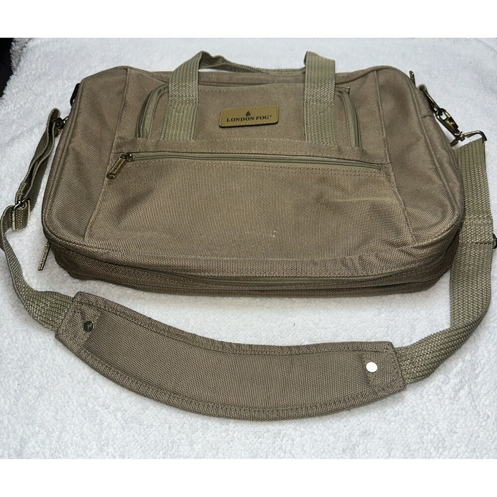 London Fog Messenger Laptop Bag Khaki Canvas W/Shoulder Strap 4 Zipper Pockets